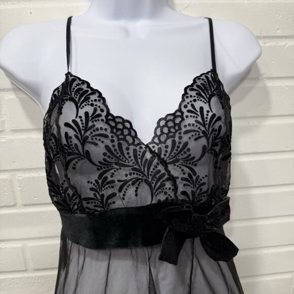 Victorias Secret NWT Slip Dress Black Babydoll Chemise Bow Sz Med Lace Coquette - Picture 4 of 11